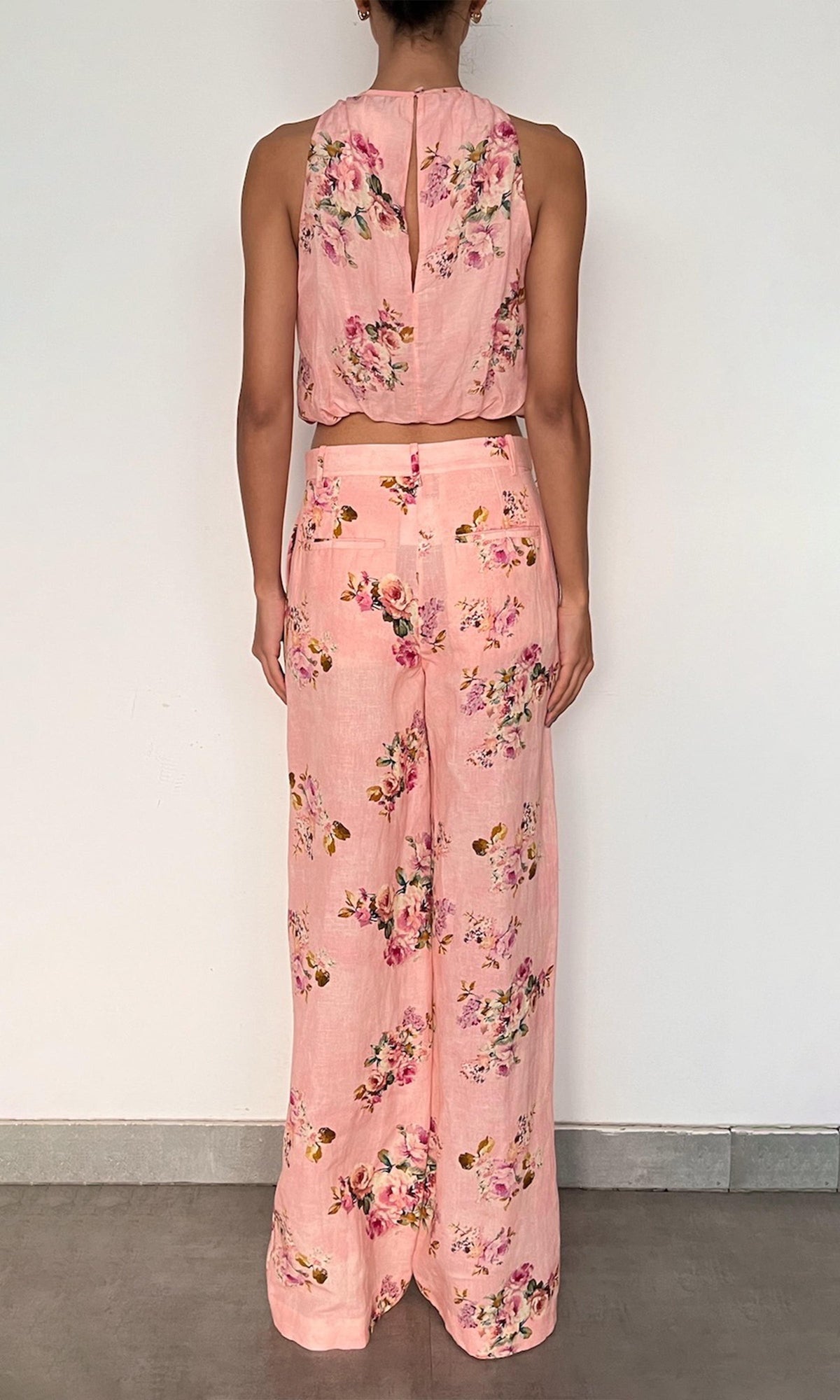 Hemant And Nandita | Niva Viscose Organza Linen Halter Neck Top | Pink Floral