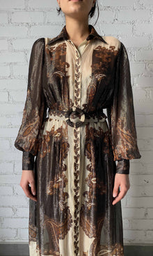 Womens | Omya Viscose Ggt Stripe Lurex Long Shirt Dress With Buckle Belt | Brown Multi