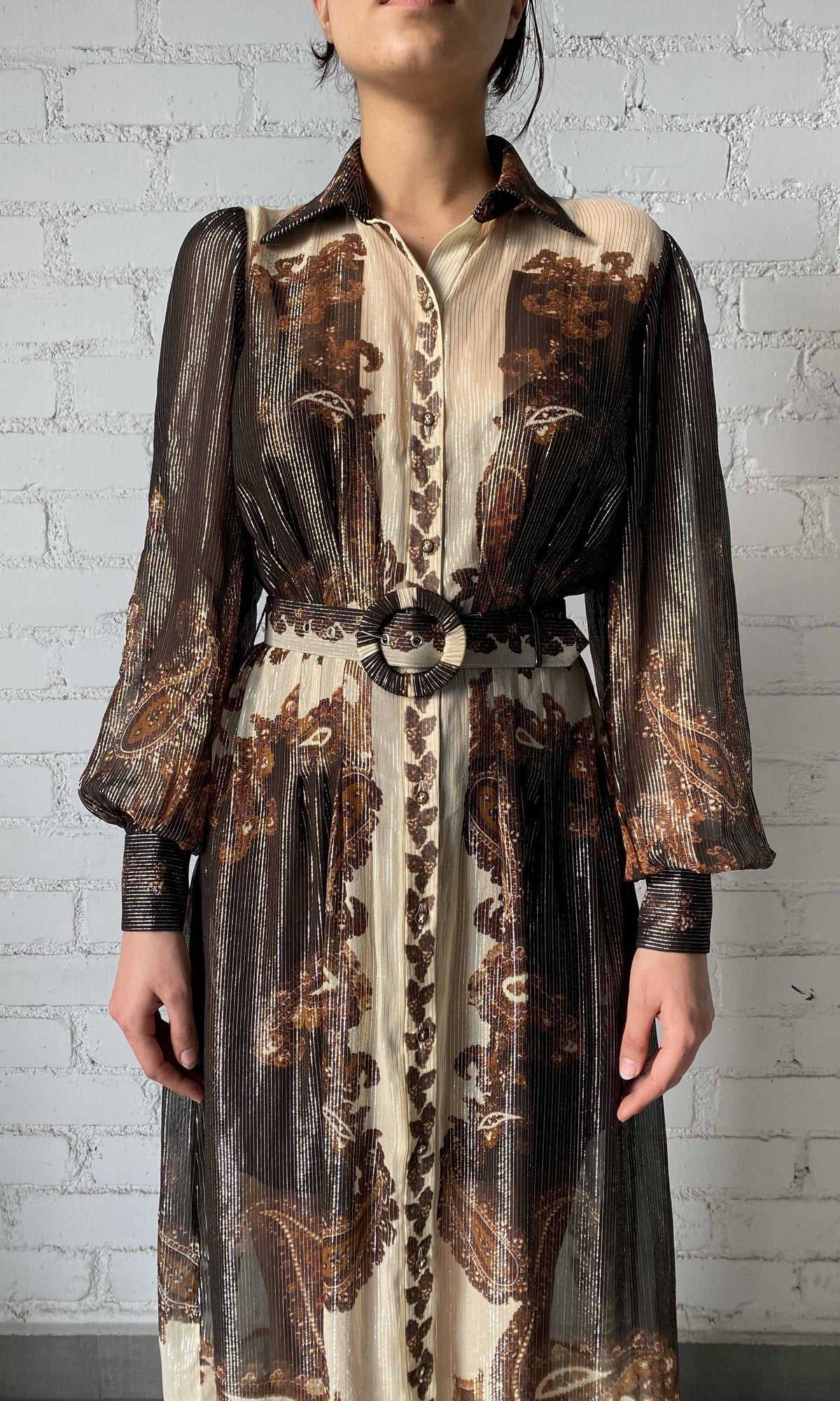 Womens | Omya Viscose Ggt Stripe Lurex Long Shirt Dress With Buckle Belt | Brown Multi