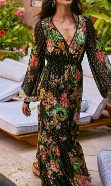 Womens | Pahi Viscose Georgette Gold Dobby Long Dress With Tie Up Tassels | Black Offwhite Floral