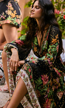 Womens | Pahi Viscose Georgette Gold Dobby Long Dress With Tie Up Tassels | Black Offwhite Floral
