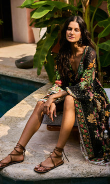 Womens | Pahi Viscose Georgette Gold Dobby Long Dress With Tie Up Tassels | Black Offwhite Floral