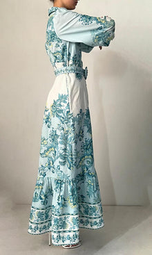 Womens | Pahi Linen Cotton Long Dress | Blue Floral