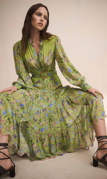 Hemant And Nandita | Rhea Viscose Georgette Gold Silver Striped Lurex Midi Dress With Buckle Belt And Slip | Pear Green