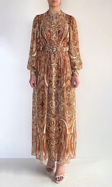 Hemant And Nandita | Rida Viscose Georgette-Gold Silver Lurex Stripe Maxi Dress | Eggshell