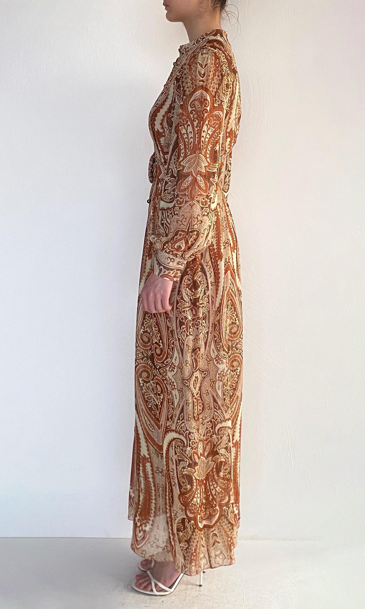 Hemant And Nandita | Rida Viscose Georgette-Gold Silver Lurex Stripe Maxi Dress | Eggshell