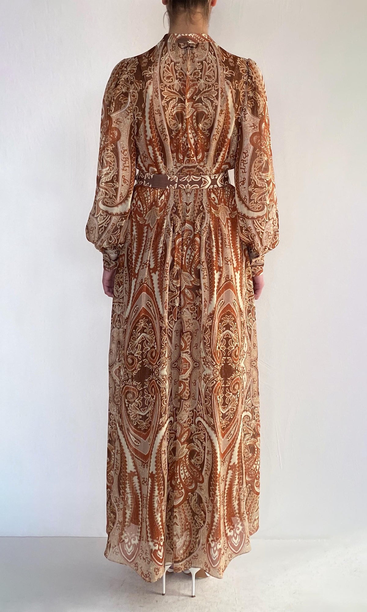 Hemant And Nandita | Rida Viscose Georgette-Gold Silver Lurex Stripe Maxi Dress | Eggshell