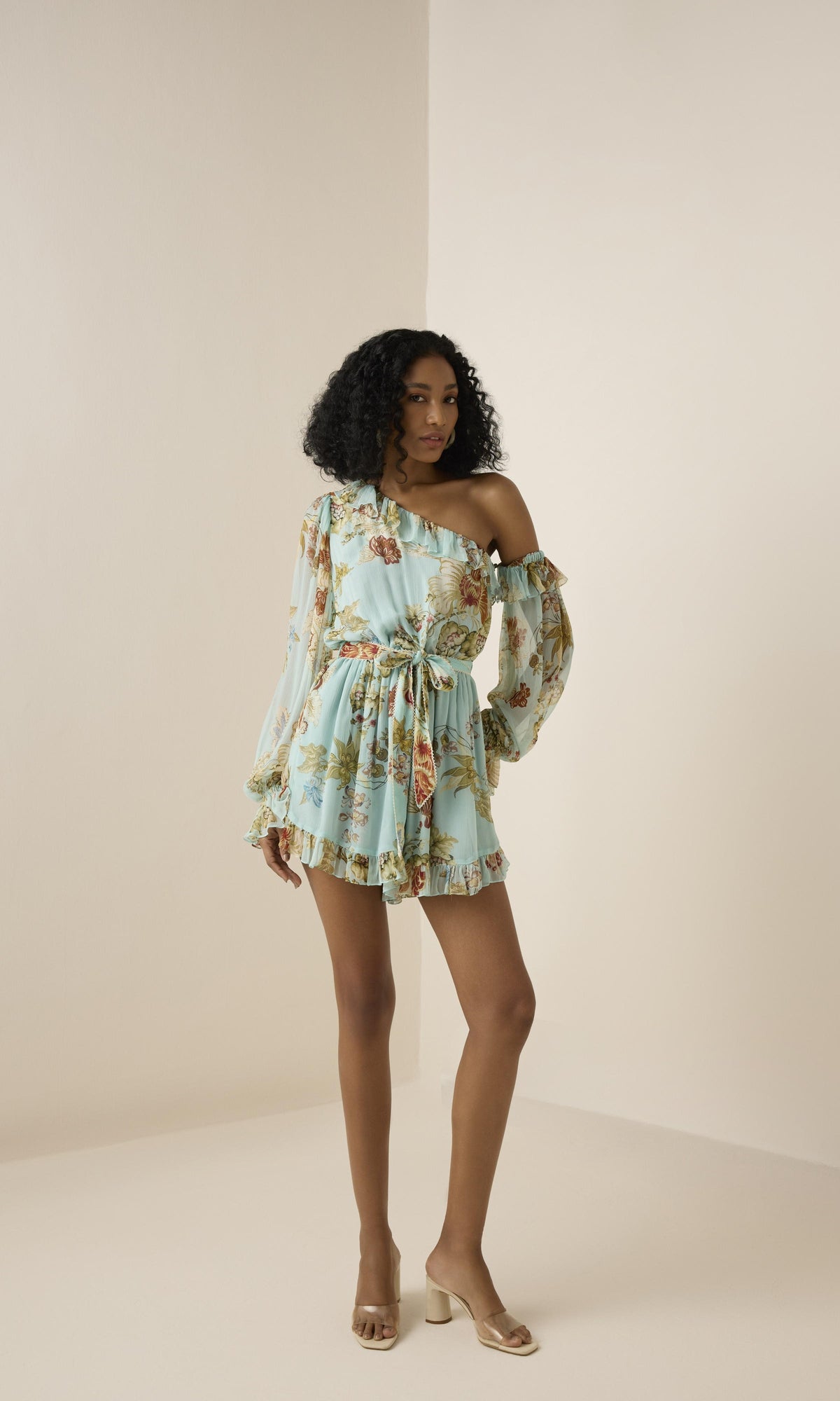 Womens | Rohi Viscose Crinkle Chiffon Romper With Belt | Turquoise Multi