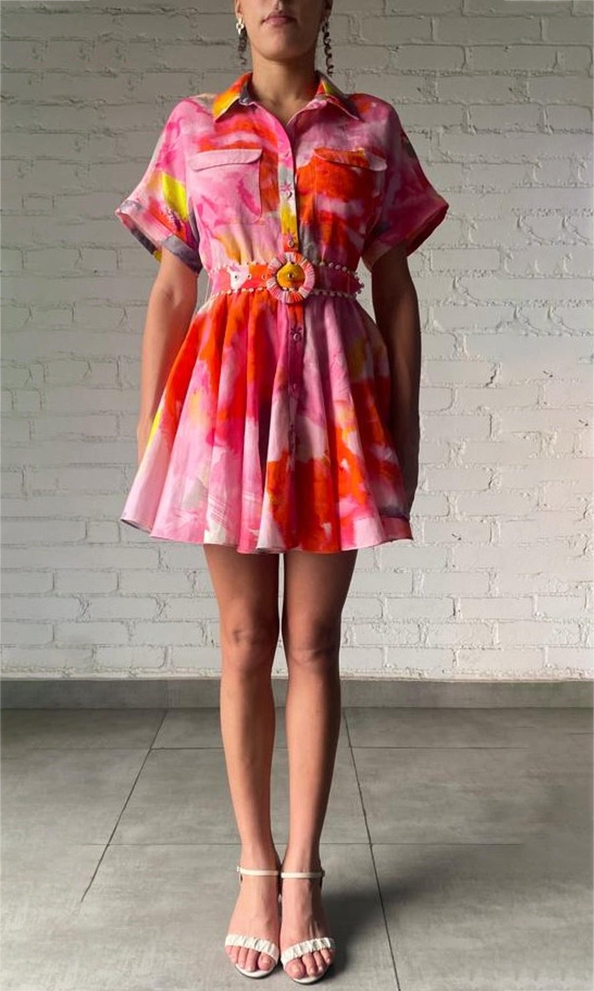 Womens | Rosa Linen Cotton Short Sleeve Short Dress With Buckle Belt | Pink Floral