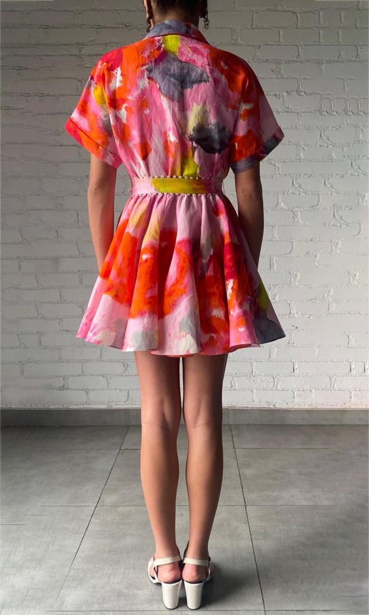 Womens | Rosa Linen Cotton Short Sleeve Short Dress With Buckle Belt | Pink Floral