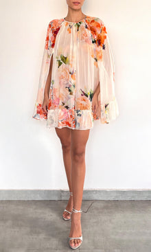 Hemant And Nandita | Saba Viscose Flat Chiffon Mini Cape With Slip | Ivory Floral