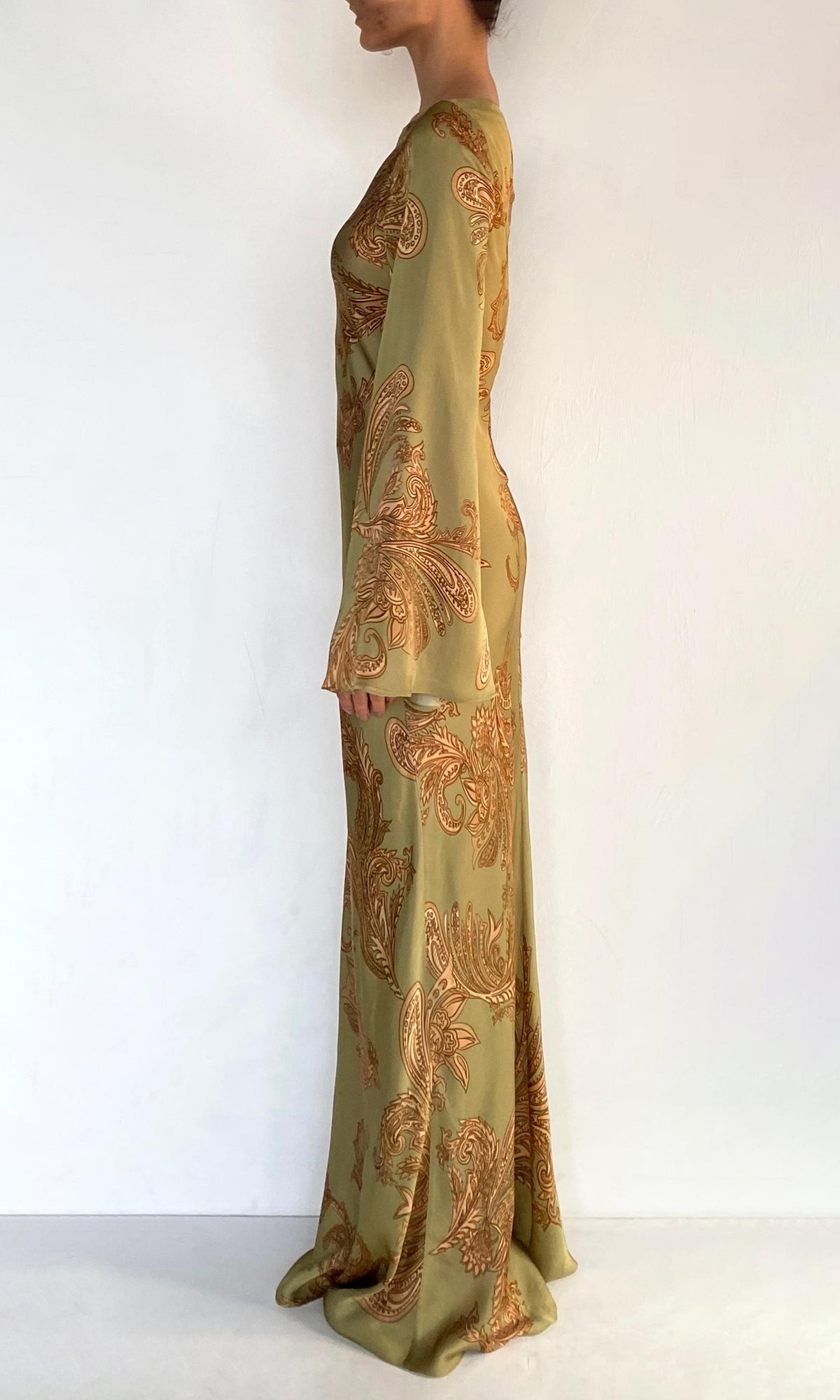 Womens | Sakhi Viscose Satin Long Bias Dress | Olive
