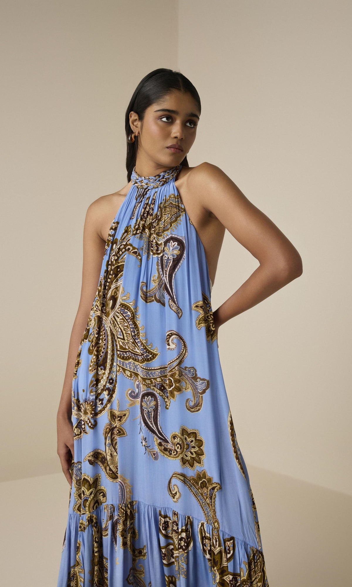 Womens | Saya Natural Crepe Long Dress | Cornflour Blue