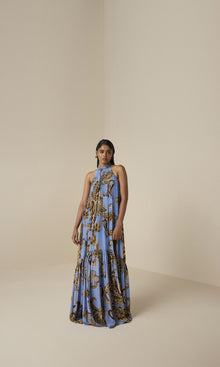 Womens | Saya Natural Crepe Long Dress | Cornflour Blue
