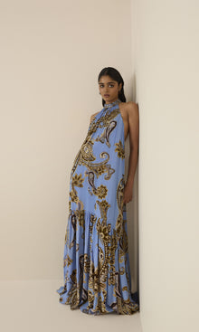 Womens | Saya Natural Crepe Long Dress | Cornflour Blue