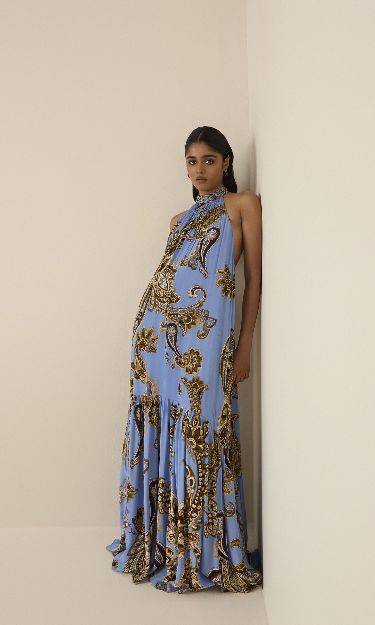 Womens | Saya Natural Crepe Long Dress | Cornflour Blue