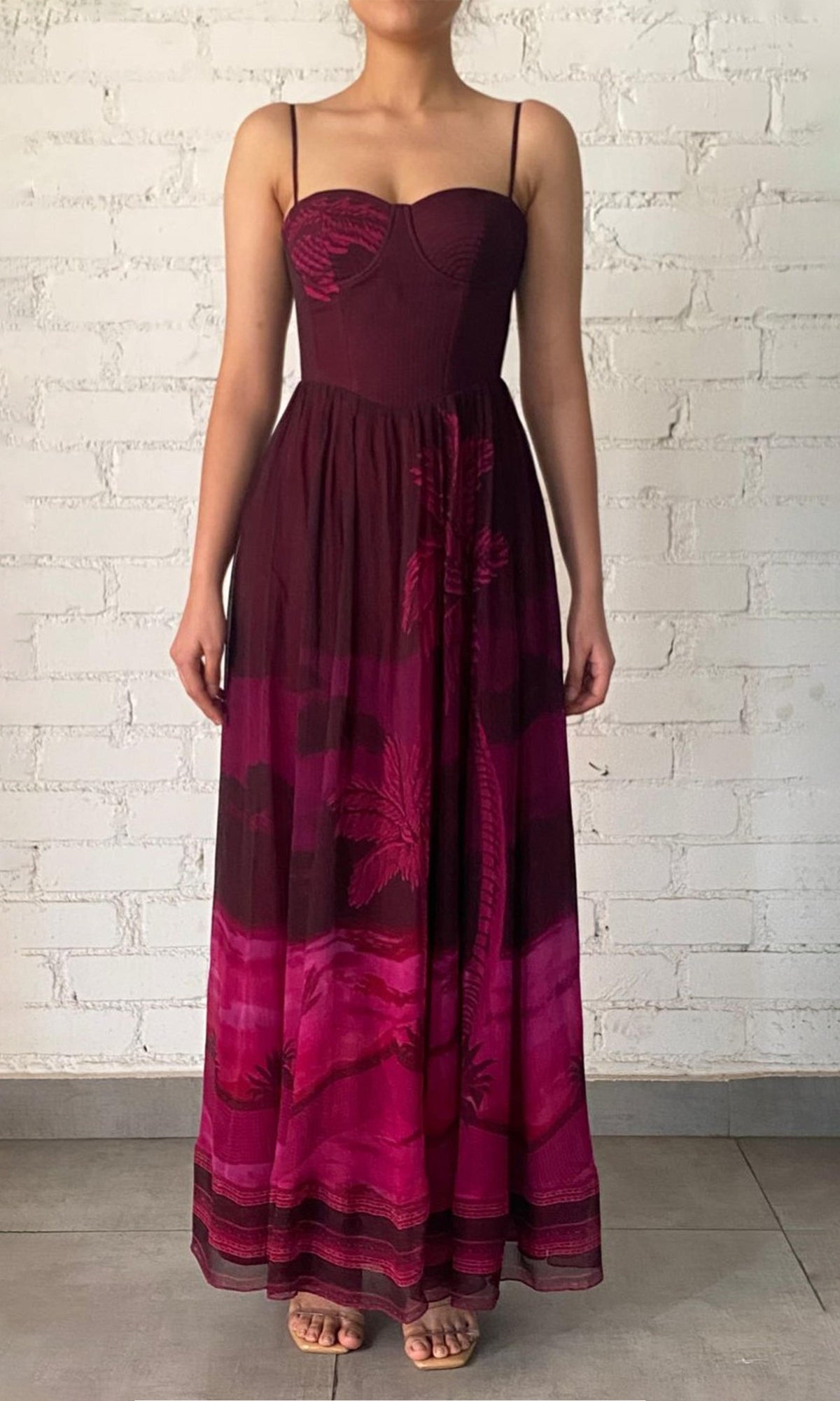 Hemant And Nandita | Soma Viscose Crinkle Chiffon Corsetted Long Dress | Burgundy