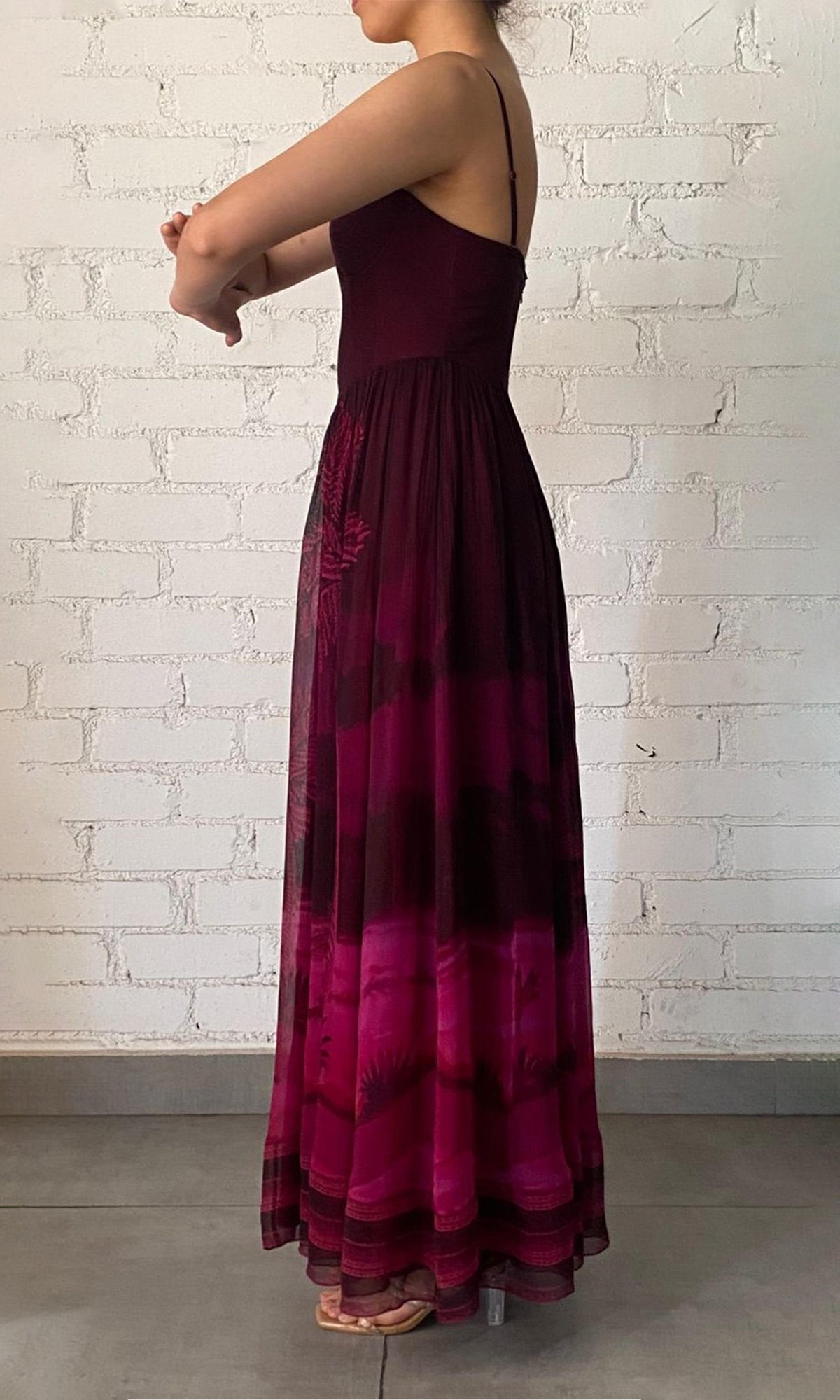 Hemant And Nandita | Soma Viscose Crinkle Chiffon Corsetted Long Dress | Burgundy