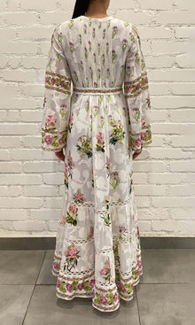 Hemant And Nandita | Taha Viscose Georgette Flower Jacquard Long Dress With Tie Up Belt | White Floral