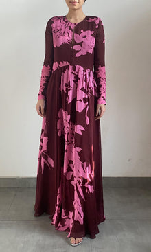 Hemant And Nandita | Tehr Viscose Flat Chiffon Long Dress | Black Magenta