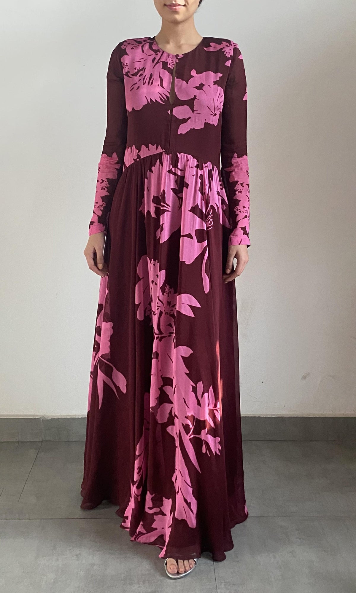 Hemant And Nandita | Tehr Viscose Flat Chiffon Long Dress | Black Magenta