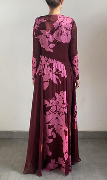 Hemant And Nandita | Tehr Viscose Flat Chiffon Long Dress | Black Magenta
