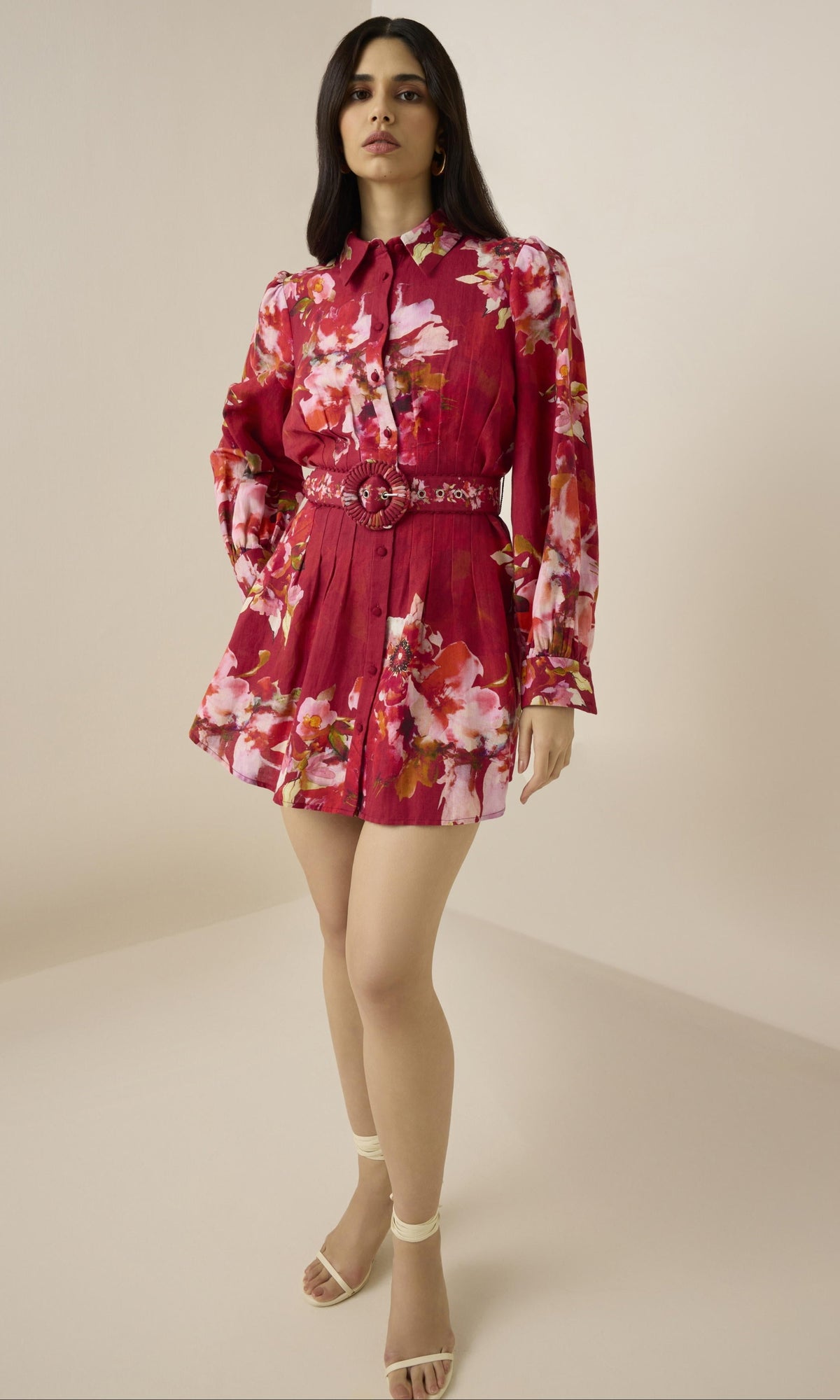 Hemant And Nandita | Tuhi Linen Cotton Short Dress With Buckle Belt | Burgundy Multi