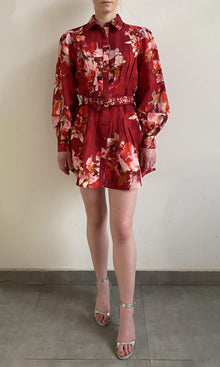 Hemant And Nandita | Tuhi Linen Cotton Short Dress With Buckle Belt | Burgundy Multi