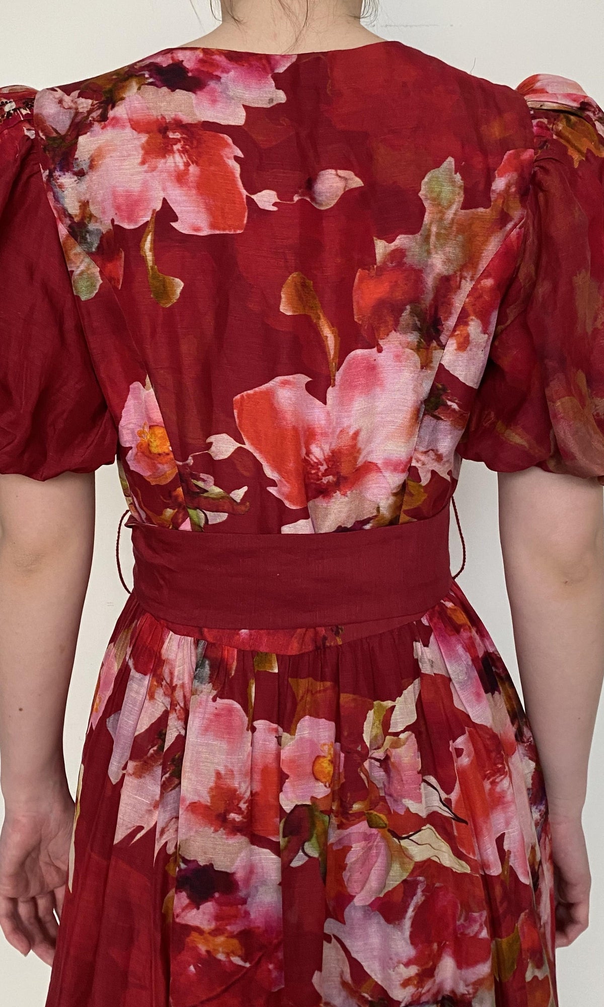 Hemant And Nandita | Tuhi Viscose Linen Organza Long Dress With Tie Up Belt | Burgundy Multi