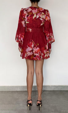 Hemant And Nandita | Tuhi Viscose Linen Organza Short Dress With Tie Up Belt | Burgundy Multi