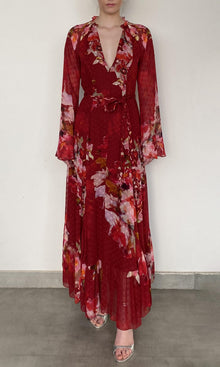 Womens | Tuhi Viscose Georgette Dobby Long Dress With Braided Belt | Burgundy Multi