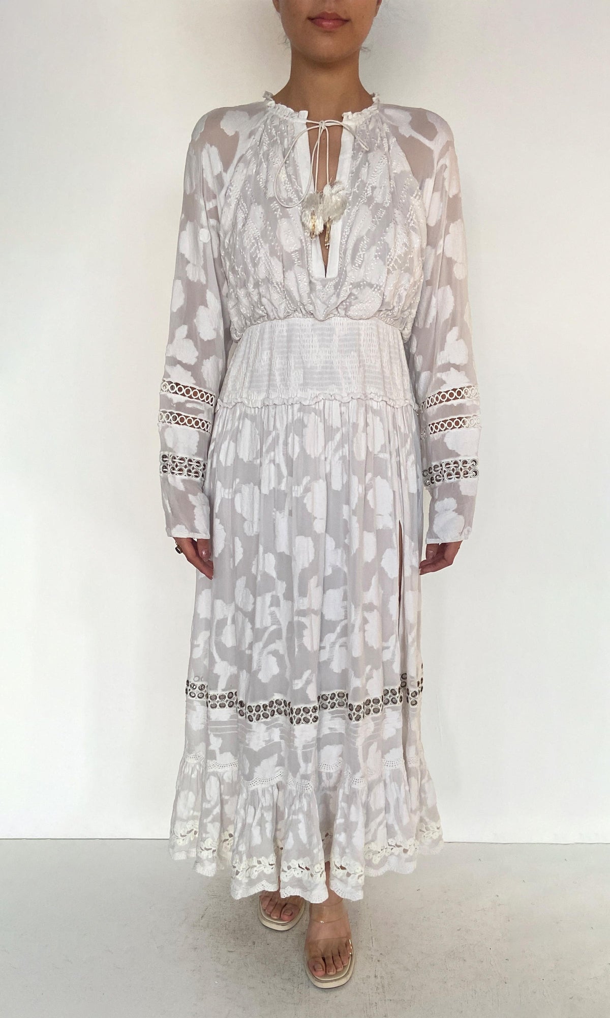 Hemant And Nandita | Veda Viscose Georgette Floral Jacquard Long Dress | White