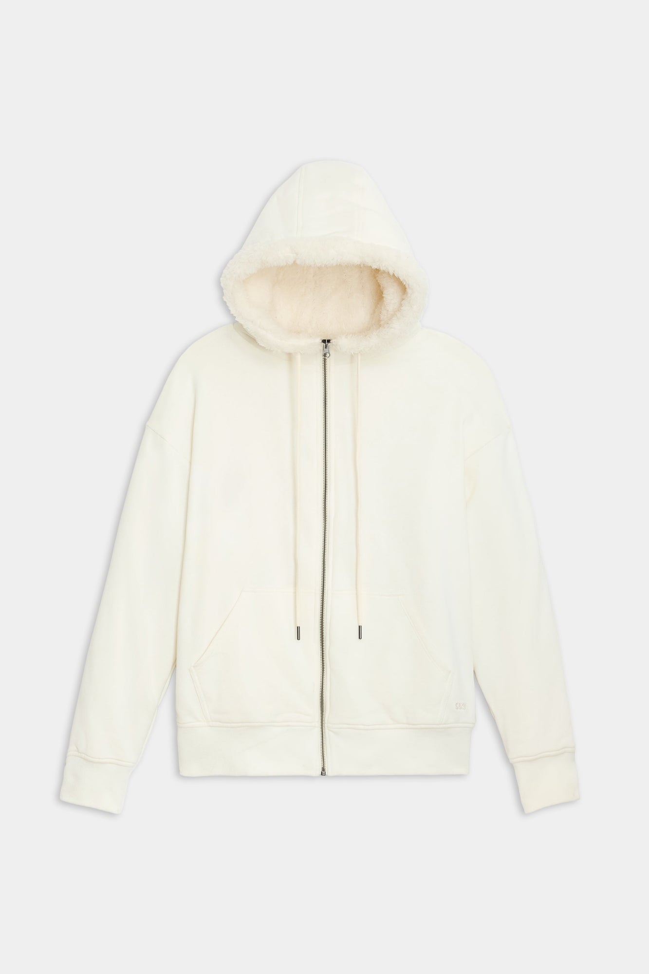 The Lynx French Terry Sherpa Hoodie by SPLITS59, in a sophisticated creme color, features a plush interior lining and drawstrings, making it an ideal choice for après-ski evenings. Highlighted against a simple background, it showcases its MADE IN LOS ANGELES craftsmanship with pride.