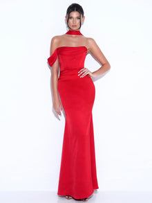 Ivona Halter Neck Double Duchess Satin Gown | Red