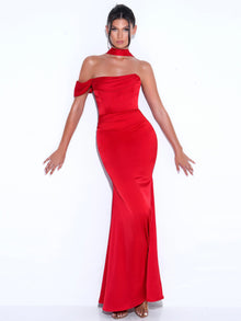 Ivona Halter Neck Double Duchess Satin Gown | Red