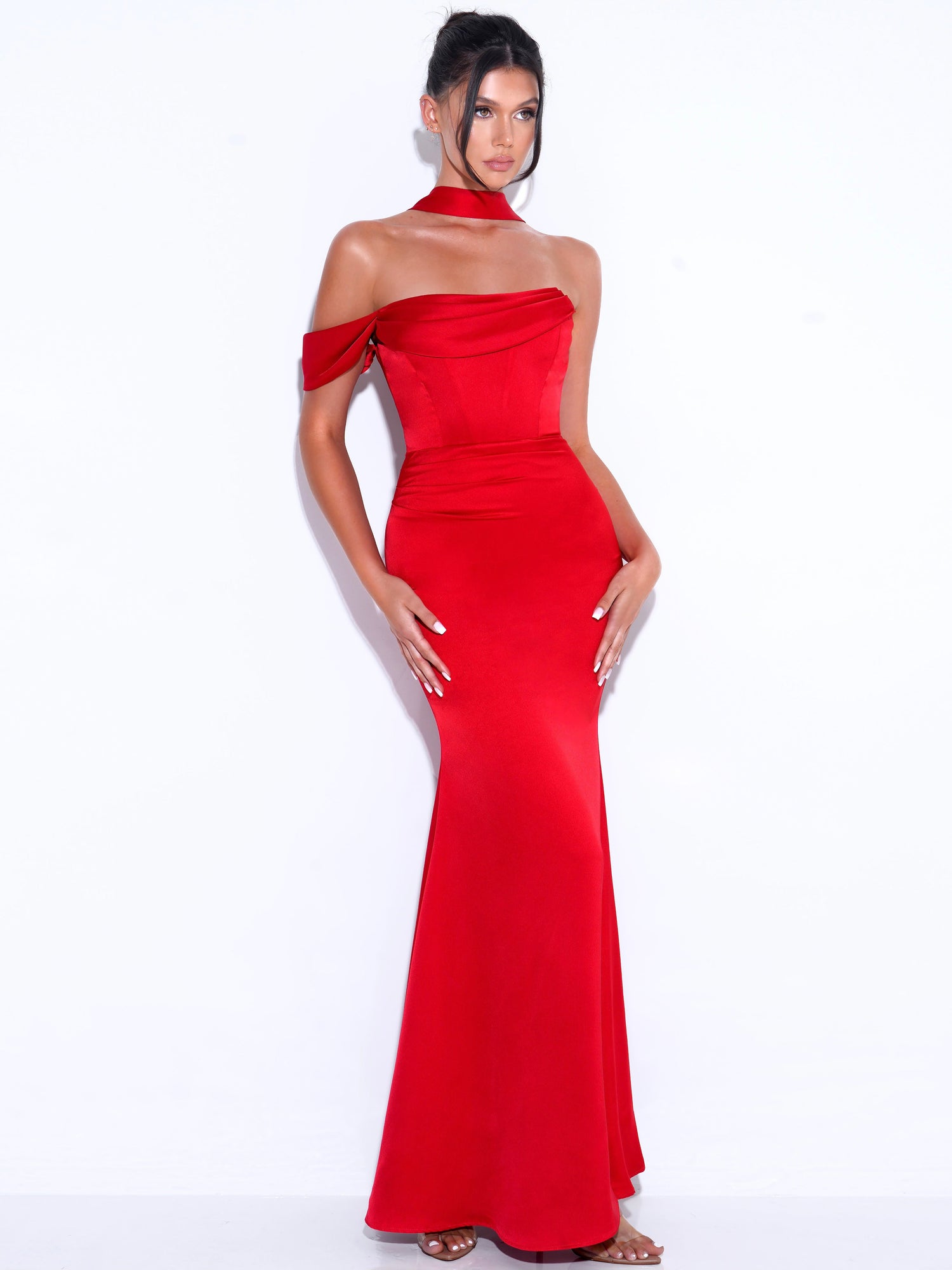 Ivona Halter Neck Double Duchess Satin Gown | Red