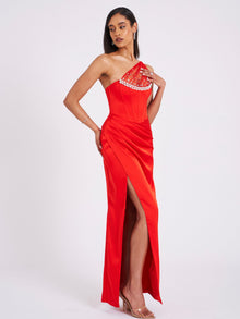 Lora Crystal Embellished Mesh Satin Corset Gown | Scarlet