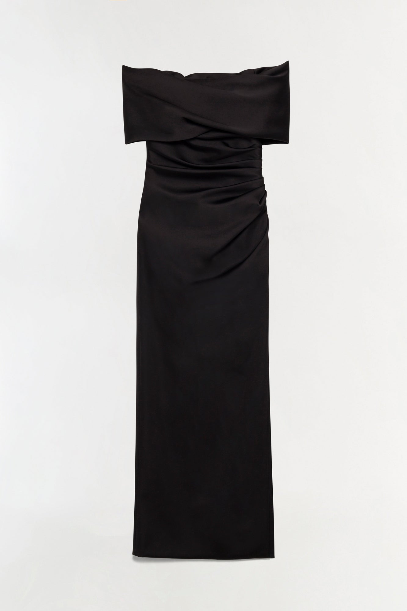 Black satin off-shoulder gown with draped bodice and ruched waist detail.
