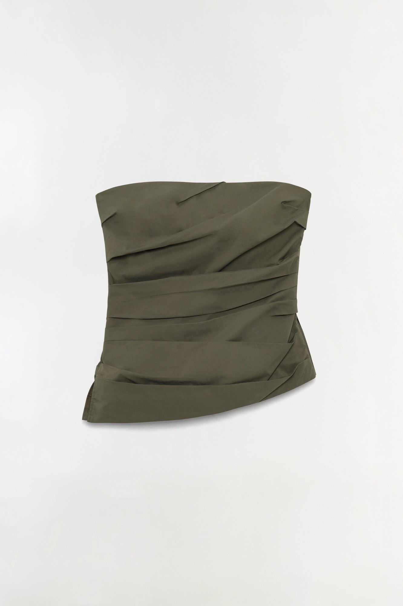 Olive green cotton bustier top with ruched horizontal detailing across the front and strapless neckline.