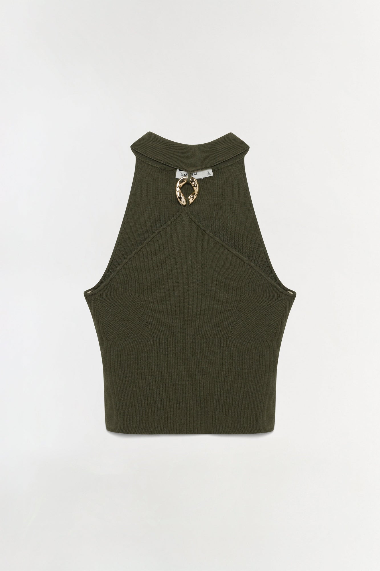 Olive green ribbed halter top with a gold horseshoe charm detail at the neckline.