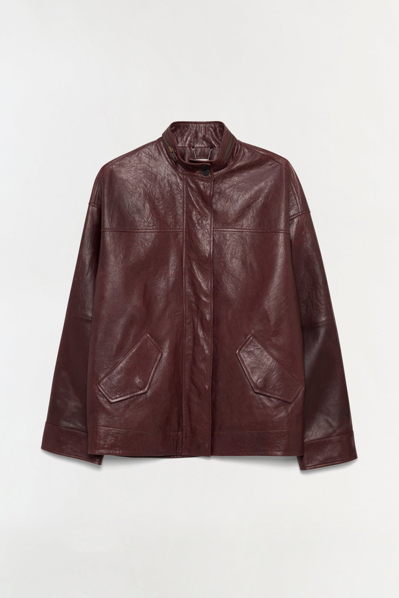 Burgundy leather jacket with stand collar, front zip closure, and patch pockets.
