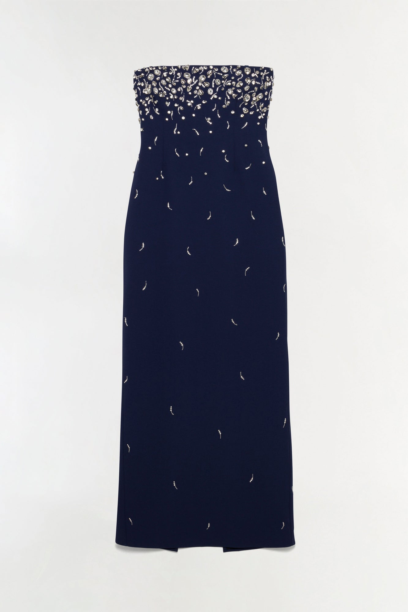 Navy strapless gown with scattered silver beading concentrated at neckline and dispersed down bodice.