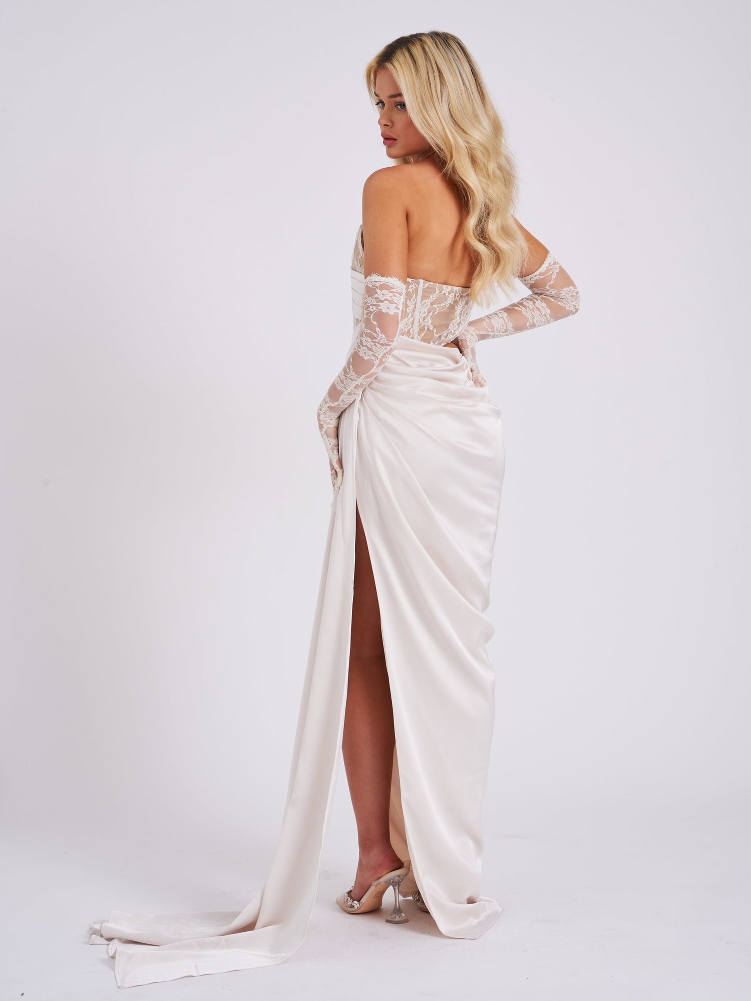 Callie Lace Satin Corset High Slit Gown | Pearl White