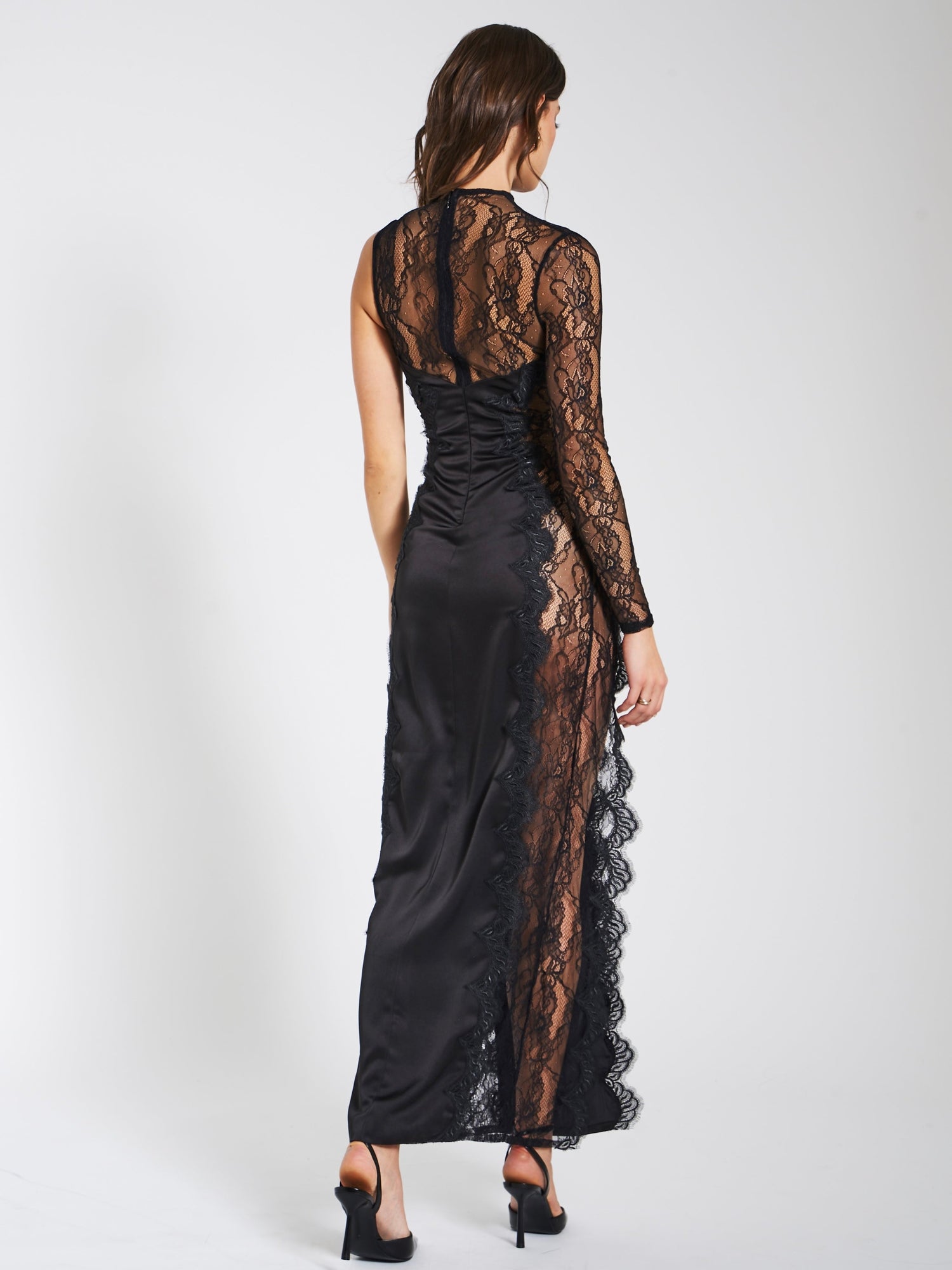 Weslyn Satin Lace High Slit Dress | Black