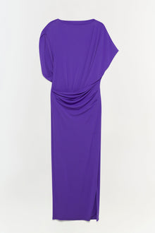 Purple floor-length gown with draped neckline and short flutter sleeves.