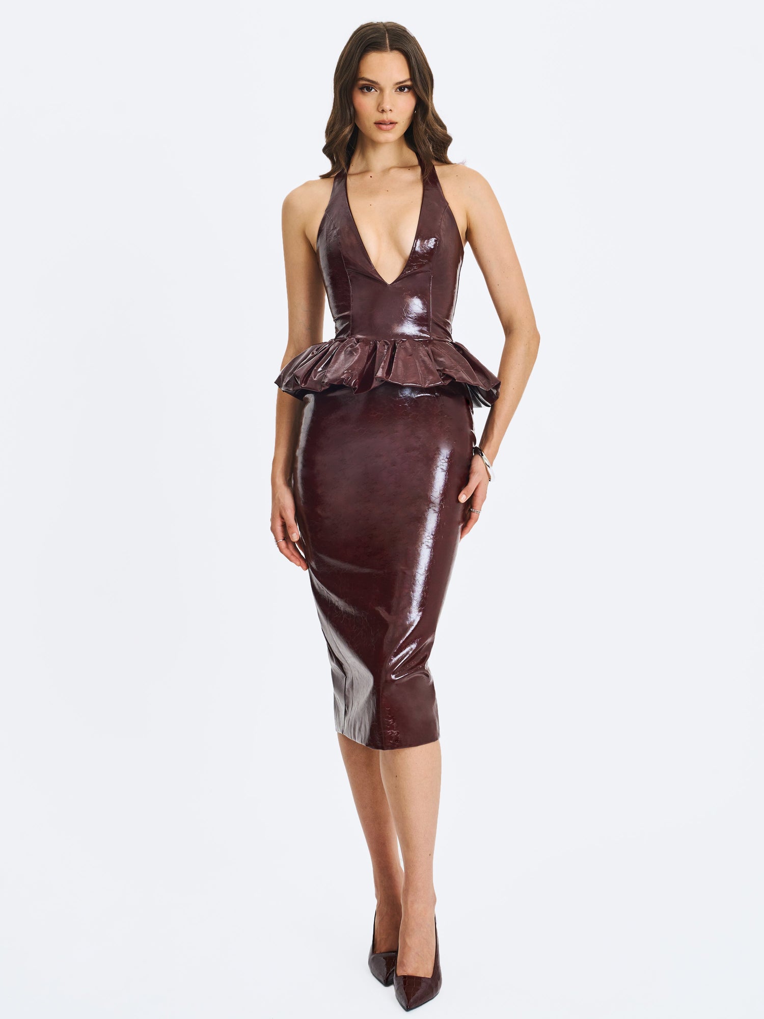 Jaslene Ruched Peplum Plunge Halter Midi Dress | Mahogany