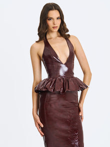 Jaslene Ruched Peplum Plunge Halter Midi Dress | Mahogany