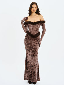 Tessa Sweetheart Bardot Faux Fur Velvet Mermaid Maxi Dress | Coffee