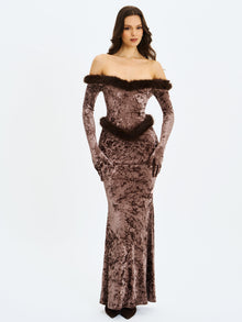 Tessa Sweetheart Bardot Faux Fur Velvet Mermaid Maxi Dress | Coffee