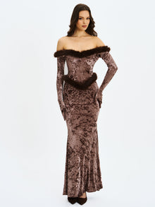 Tessa Sweetheart Bardot Faux Fur Velvet Mermaid Maxi Dress | Coffee